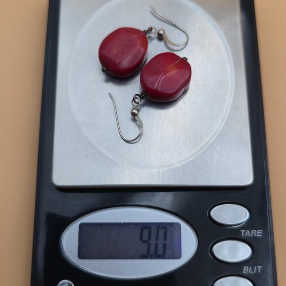 Sterling Silver Red Coral Chunk Dangle Earrings A5274 - Picture 5 of 5